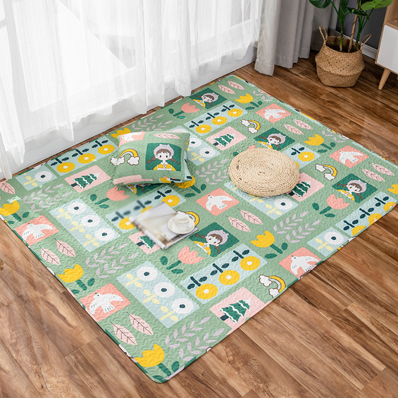 BowLift | Kids Floral Pattern Rug with Character Beige and Green Cotton Rug Washable Pet Friendly Non-Slip Area Rug for Child's Bedroom