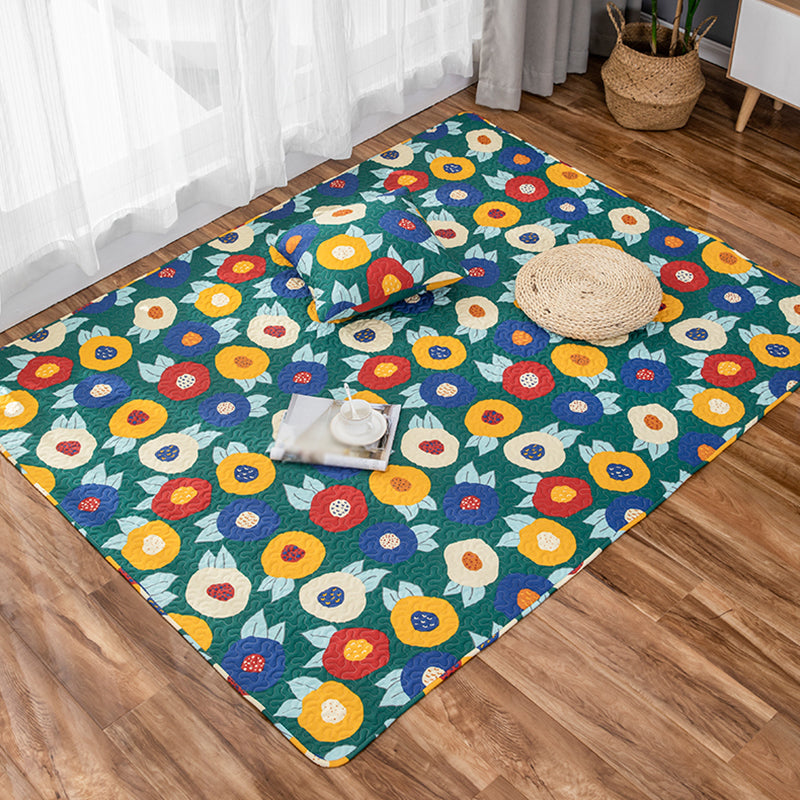 BowLift | Kids Floral Pattern Rug with Character Beige and Green Cotton Rug Washable Pet Friendly Non-Slip Area Rug for Child's Bedroom