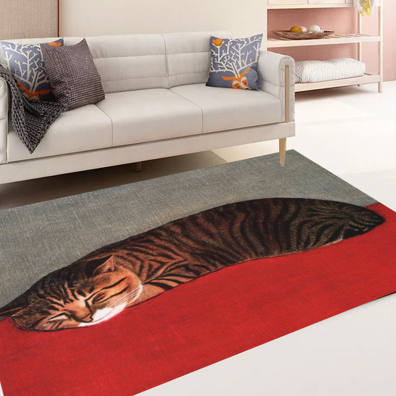 BowLift | Novelty Cat Pattern Carpet Red and Black Polyester Washable Pet-Friendly Area Rug for Decoration