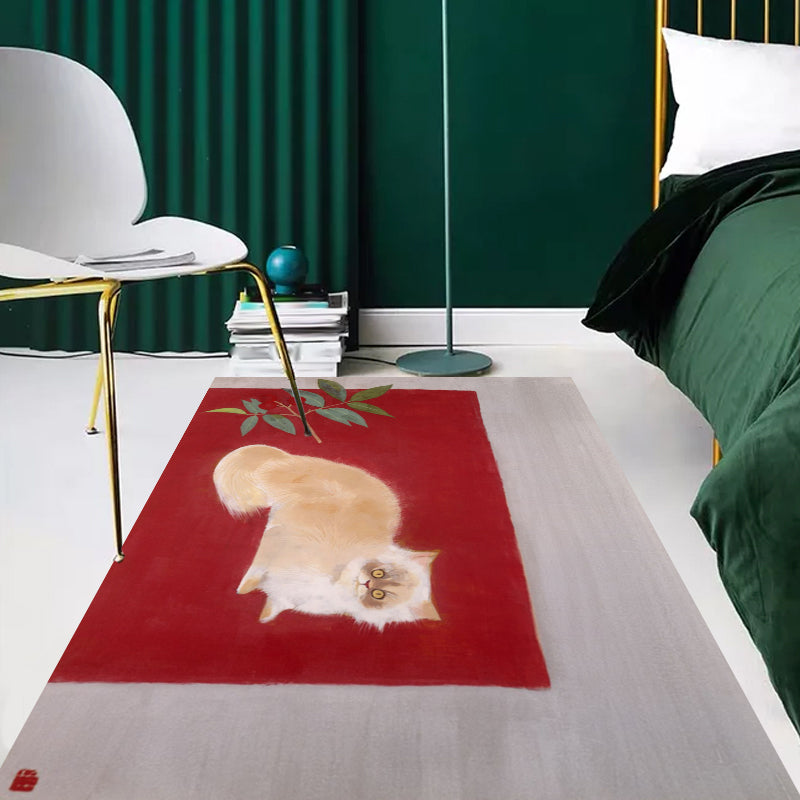 BowLift | Novelty Cat Pattern Carpet Red and Black Polyester Washable Pet-Friendly Area Rug for Decoration