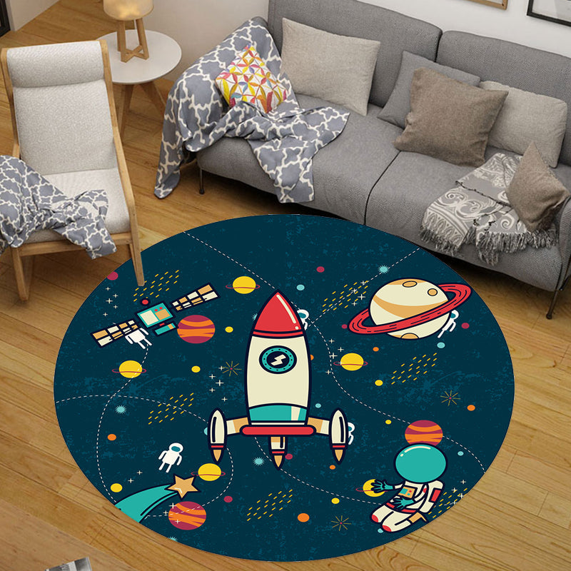 BowLift | Children Space Pattern Carpet Black and Blue Polyester Carpet Washable Pet-Friendly Non-Slip Rug for Children's Room