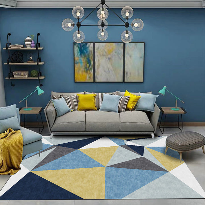 New Arrival Color Block Geometric Pattern Rug Blue Polyester Rug Washable Pet-Friendly Non-Slip Rug for the Living Room | Bowlift
