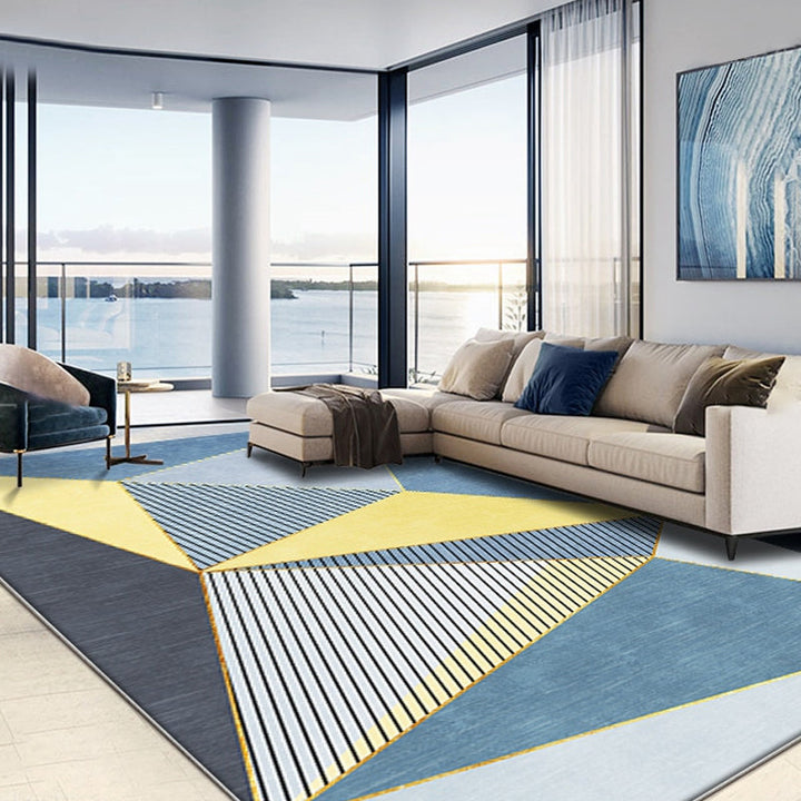 Blue Modernist Carpet Polyester Geometric and Stripe Pattern Carpet Pet Friendly Washable Non-Slip Back Carpet for the Living Room | Bowlift