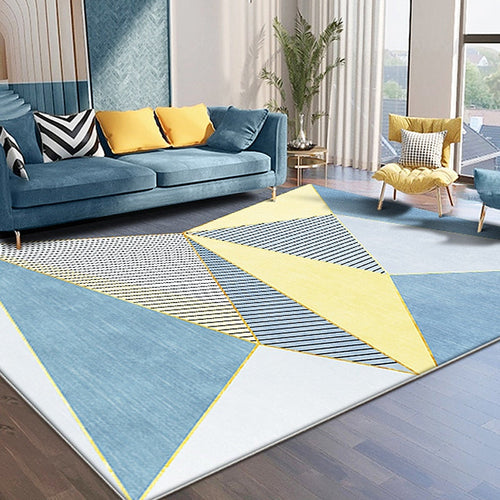 Blue Modernist Carpet Polyester Geometric and Stripe Pattern Carpet Pet Friendly Washable Non-Slip Back Carpet for the Living Room | Bowlift