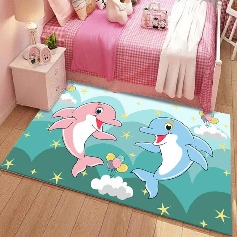 BowLift | Kids Cartoon Dolphin Pattern Rug with Star Green and Blue Polyester Rug Washable Pet Friendly Non-Slip Area Rug for Kids Room