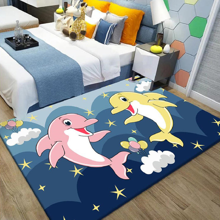 BowLift | Kids Cartoon Dolphin Pattern Rug with Star Green and Blue Polyester Rug Washable Pet Friendly Non-Slip Area Rug for Kids Room