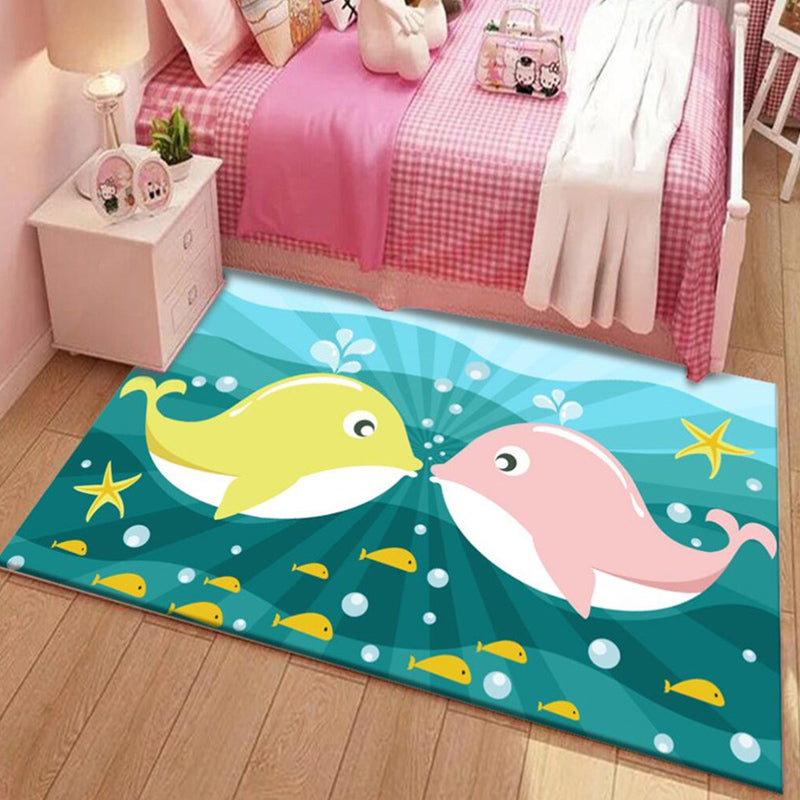 BowLift | Kids Cartoon Dolphin Pattern Rug with Star Green and Blue Polyester Rug Washable Pet Friendly Non-Slip Area Rug for Kids Room