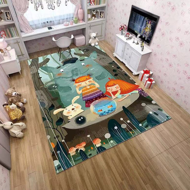 BowLift | Pink and Green Children Rug Polyester Cartoon Character Pattern Rug Pet-Friendly Washable Non-Slip Backing Rug for Decoration