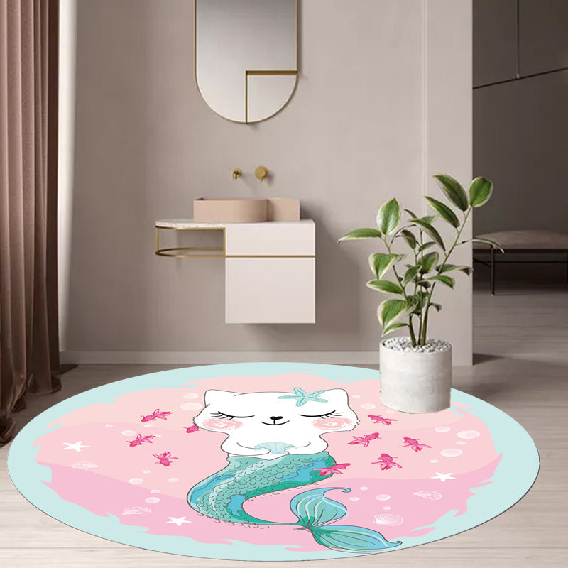 BowLift | Kids Cartoon Cat Pattern Rug Pink and Red Polyester Carpet Washable Pet Friendly Non-Slip Area Rug for Children's Room