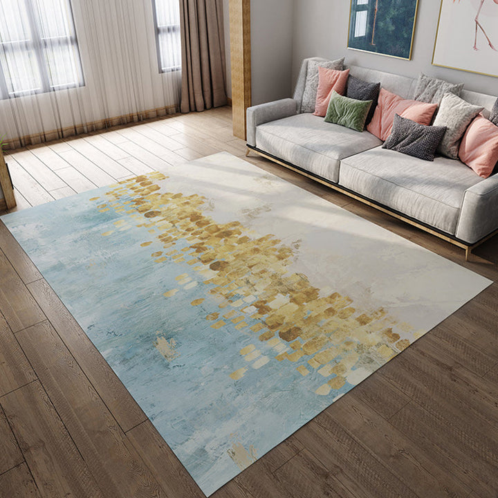 Stylish oil painting rug with tree pattern blue and gold Casual rug flannel pet-friendly washable rug for the living room | Bowlift