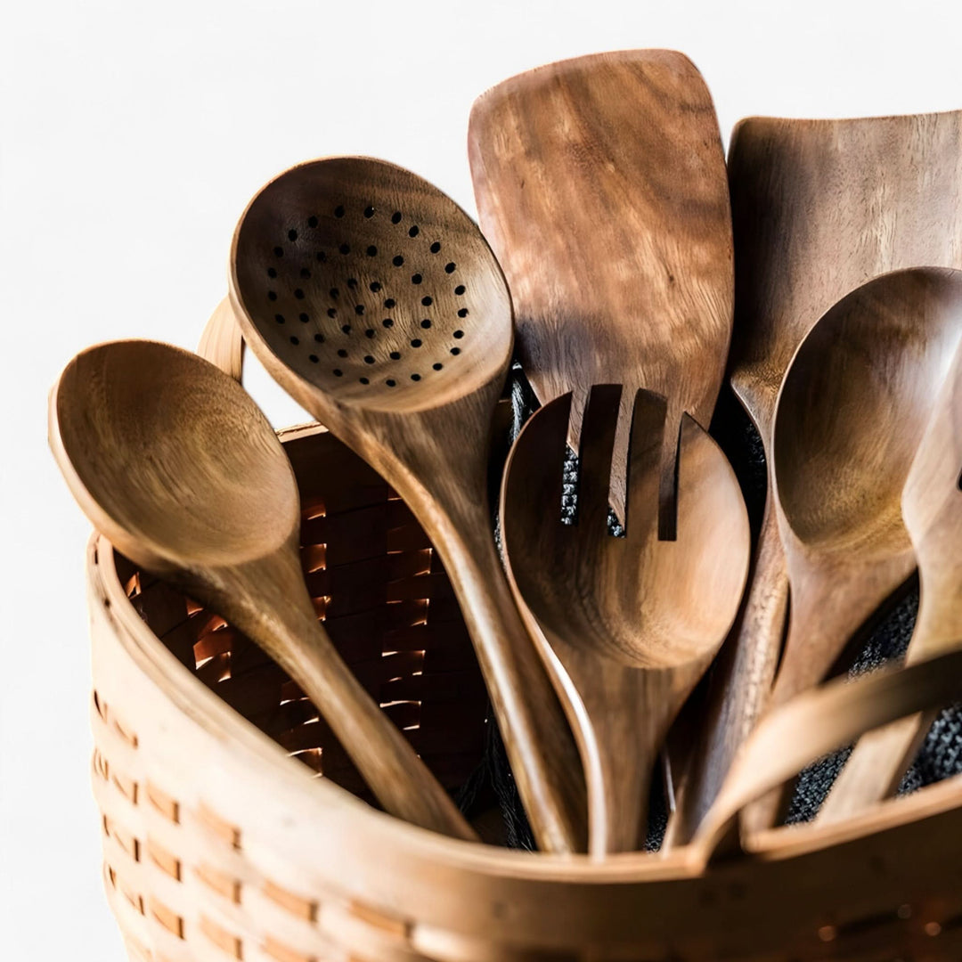 BowLift | Teak Wooden Kitchen Utensil Set with Holder