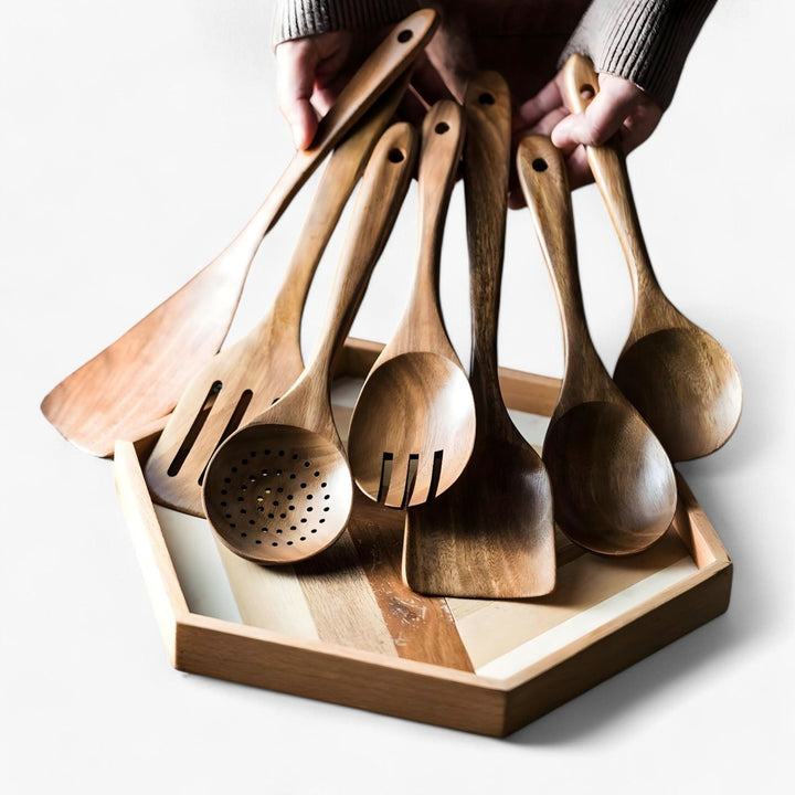 BowLift | Teak Wooden Kitchen Utensil Set with Holder