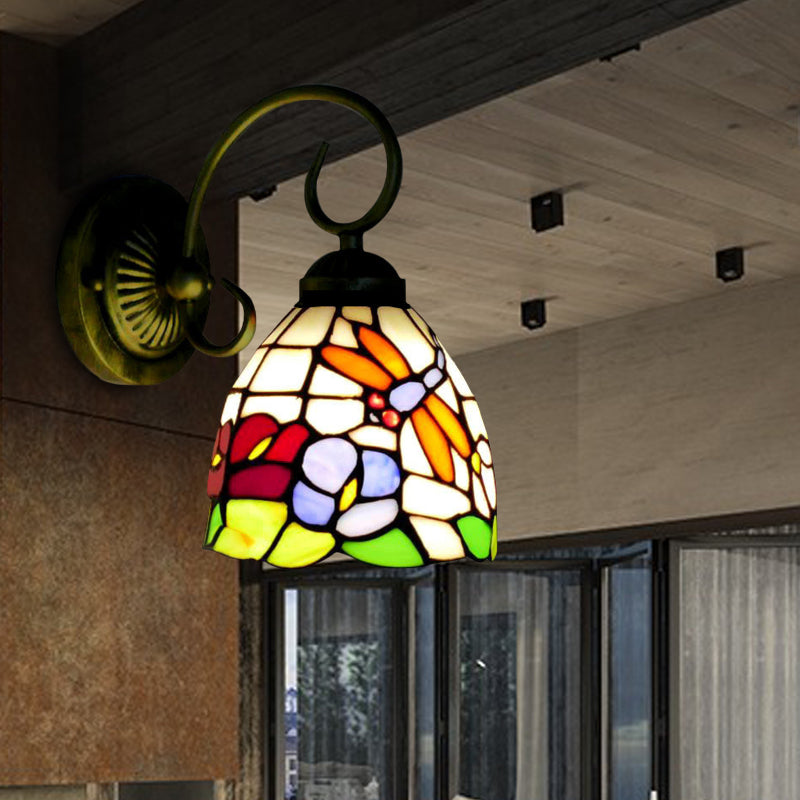 BowLift | Rustic Dragonfly Wall Lamp with Curved Arm 1 Light Colored Glass Wall Lighting in Brass