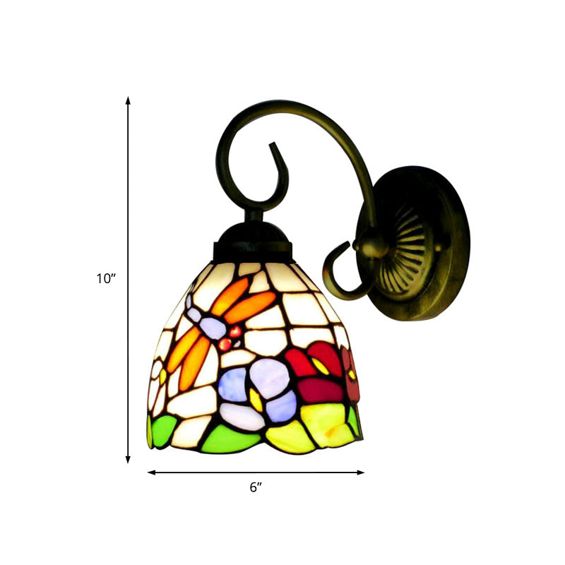 BowLift | Rustic Dragonfly Wall Lamp with Curved Arm 1 Light Colored Glass Wall Lighting in Brass