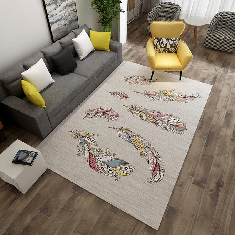 Stylish feather design rug with leaf gray contemporary rug polyester pet-friendly non-slip backing washable rug for the living room | Bowlift