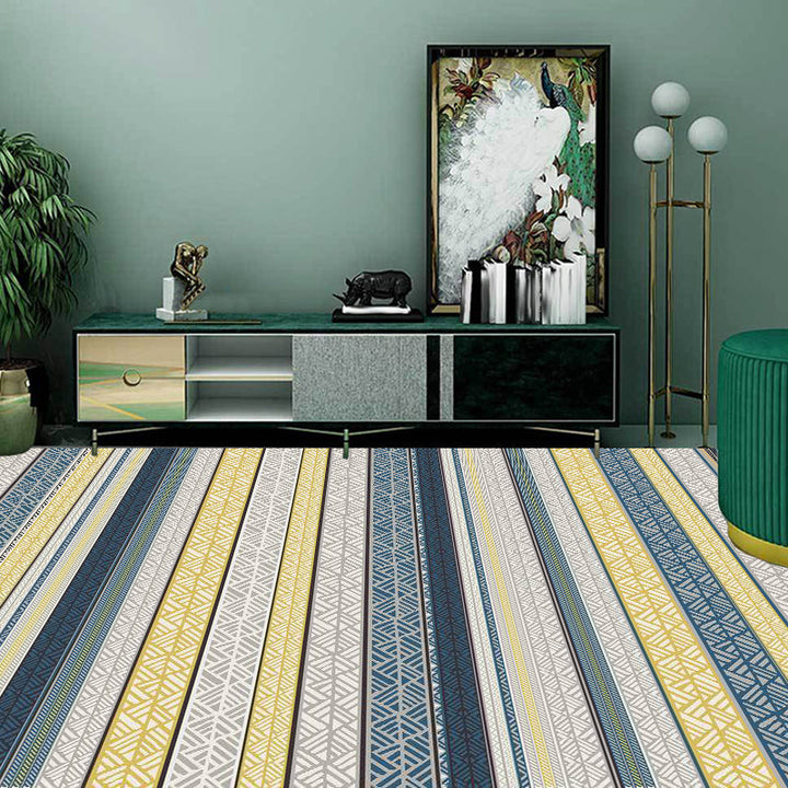 Stylish striped rug with floral gray and yellow Bohemian rug synthetic pet-friendly non-slip backing washable area rug for the living room | Bowlift