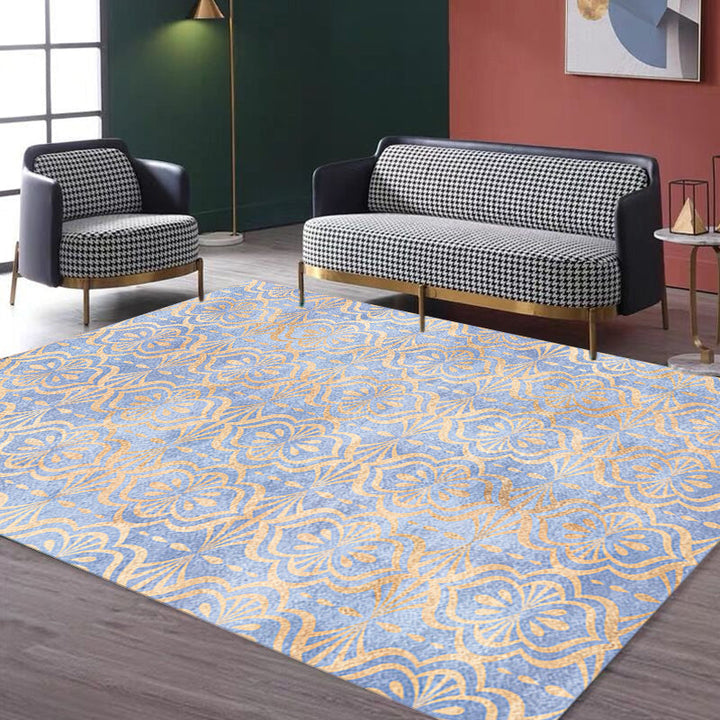 Retro Tribal Geometric Pattern Rug Brown and Blue Rug Polyester Washable Pet Friendly Non-Slip Rug for the Living Room | Bowlift