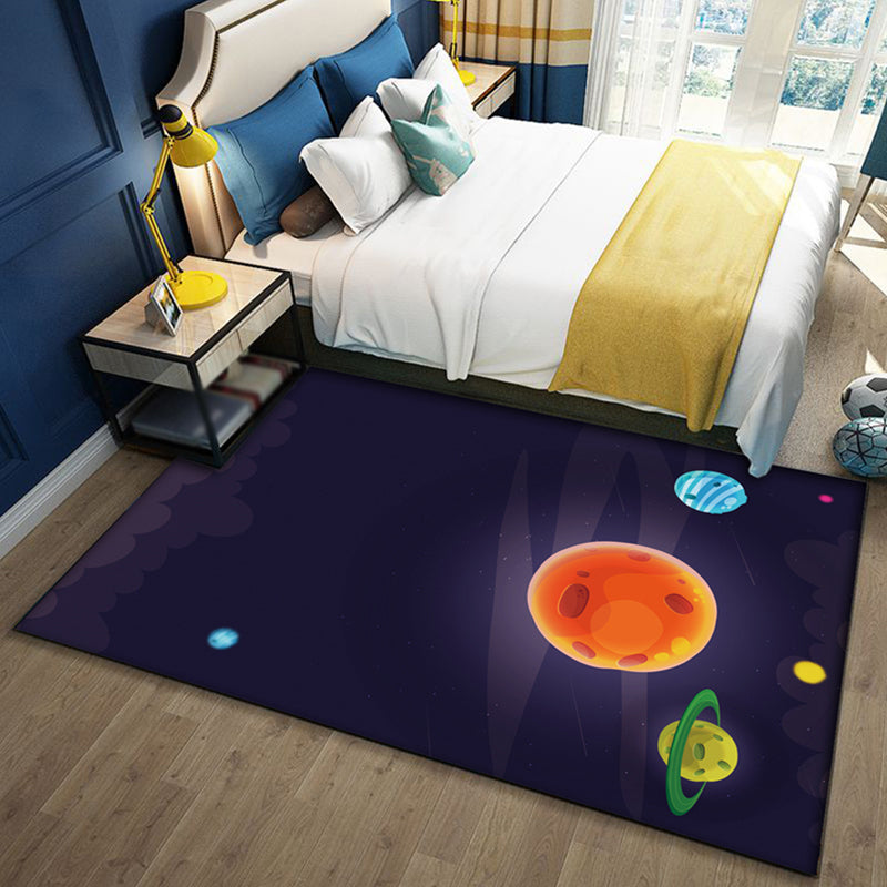 BowLift | Kids Space Pattern Rug with Spaceship Multicolor Polyester Rug Washable Pet Friendly Non-Slip Rug for the Children's Room