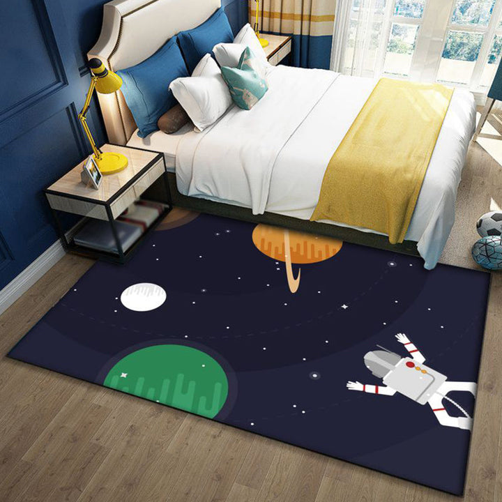 BowLift | Kids Space Pattern Rug with Spaceship Multicolor Polyester Rug Washable Pet Friendly Non-Slip Rug for the Children's Room