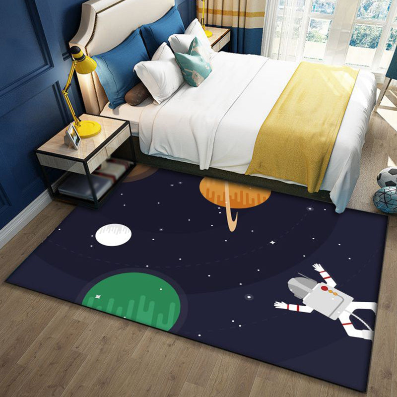 BowLift | Kids Space Pattern Rug with Spaceship Multicolor Polyester Rug Washable Pet Friendly Non-Slip Rug for the Children's Room
