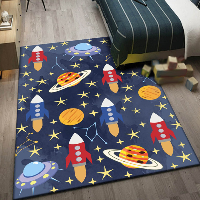 BowLift | Kids Space Pattern Rug with Spaceship Multicolor Polyester Rug Washable Pet Friendly Non-Slip Rug for the Children's Room