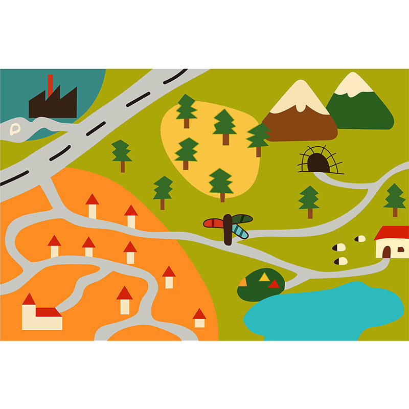 BowLift | Kids Map Pattern Rug Green Polyester Rug Washable Pet-Friendly Non-Slip Area Rug for the Children's Room