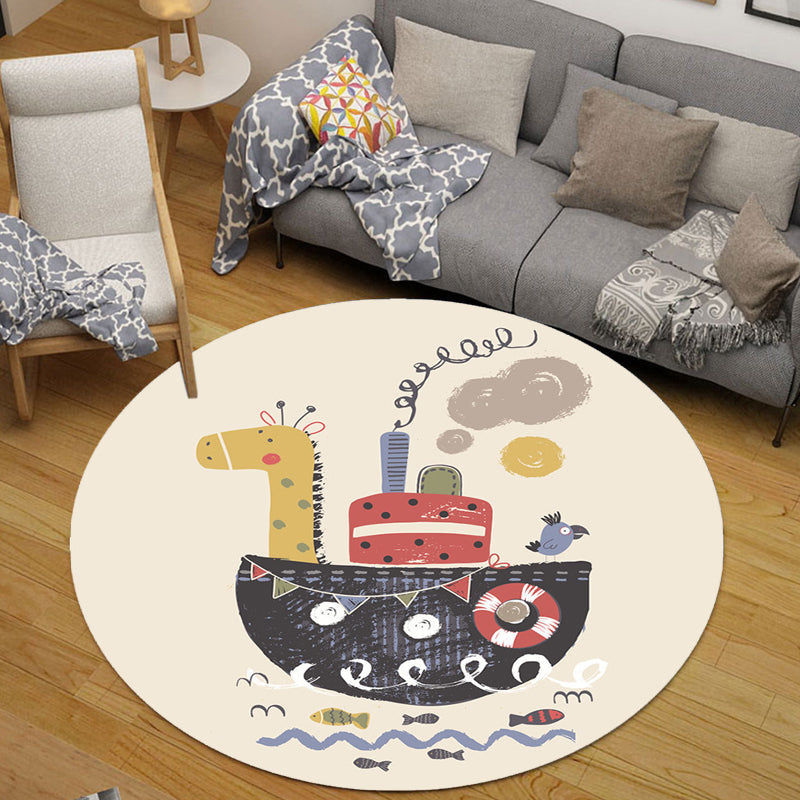 BowLift | Kids Ship Pattern Rug Beige and Orange Polyester Rug Washable Pet-Friendly Non-Slip Rug for the Children's Room