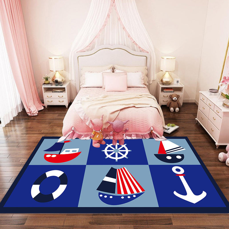 BowLift | Children's ship pattern carpet with anchor Blue Polyester Carpet Washable Pet-friendly Non-slip Carpet for the nursery