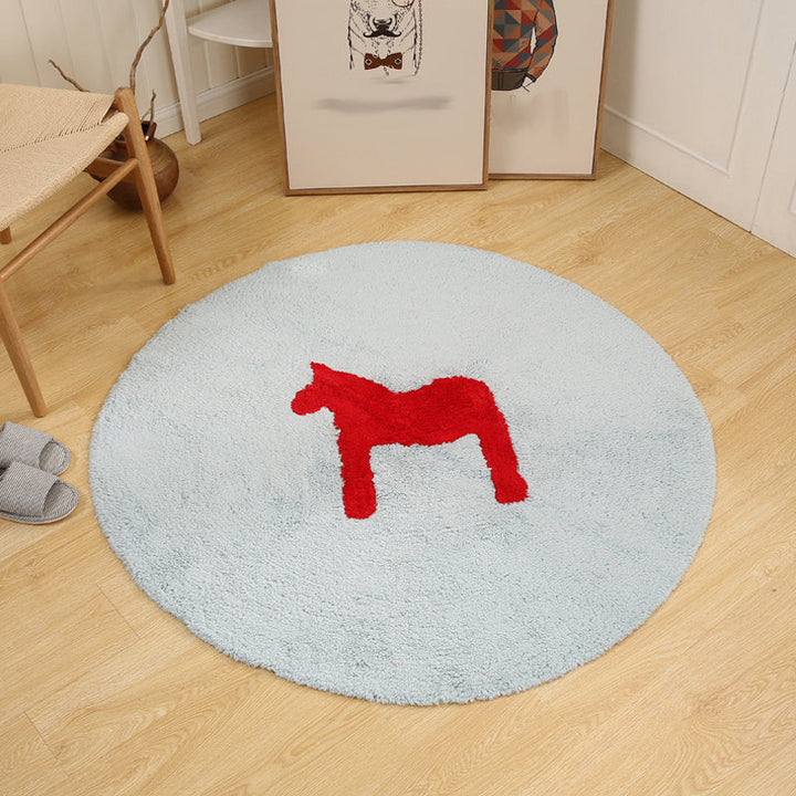 BowLift | Children's horse pattern rug Blue and Khaki Cotton rug Washable Pet-friendly Non-slip rug for the children's room