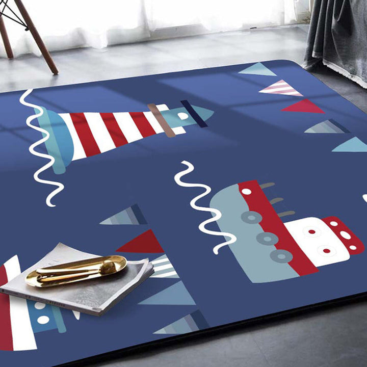 BowLift | Blue Children's Carpet Polyester Lantern and Ship Pattern Carpet Pet Friendly Washable Non-Slip Backing Carpet for Decoration