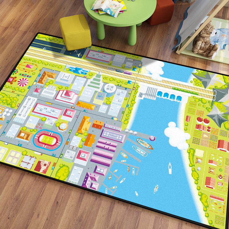BowLift | Stylish house sample rug with river green and blue children's rug made of polyester, pet-friendly, washable rug for the children's room