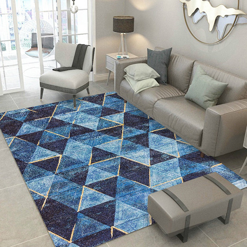 Stylish geometric pattern rug Blue novelty rug Polyester pet-friendly non-slip back washable rug for the living room | Bowlift