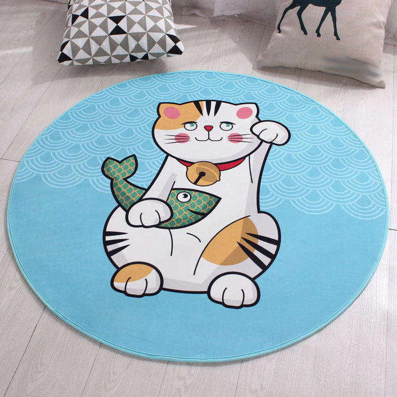 BowLift | Kids Cat Pattern Rug Blue and Pink Polyester Rug Washable Pet-Friendly Non-Slip Rug for the Children's Room