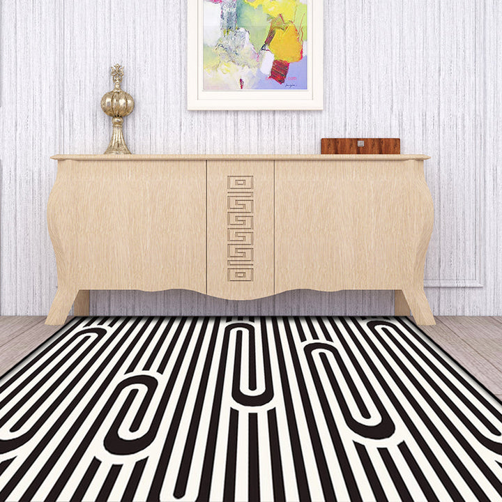 BowLift | Modern Striped Pattern Carpet Black and White Polyester Carpet Washable Pet Friendly Non-Slip Area Rug for Living Room