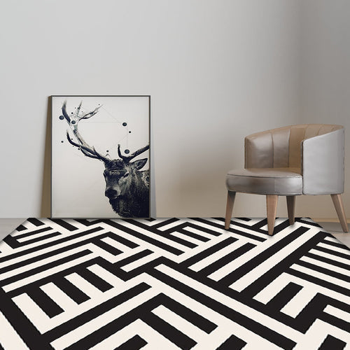 BowLift | Modern Striped Pattern Carpet Black and White Polyester Carpet Washable Pet Friendly Non-Slip Area Rug for Living Room