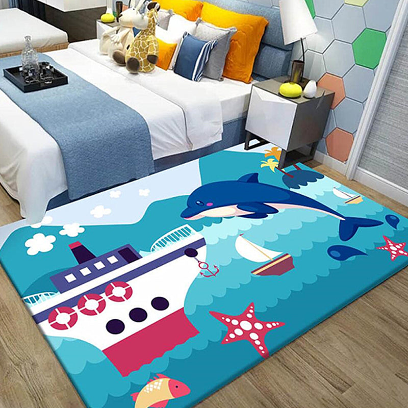 BowLift | Kids Ship Pattern Carpet with Dolphin Blue Polyester Carpet Washable Pet-friendly Non-slip Carpet for the Children's Room