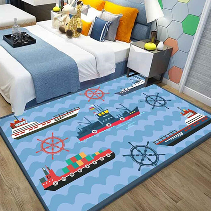 BowLift | Kids Ship Pattern Carpet with Dolphin Blue Polyester Carpet Washable Pet-friendly Non-slip Carpet for the Children's Room