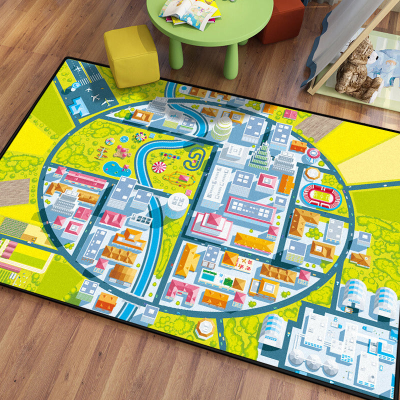 BowLift | Kids Island Pattern Rug Green and Blue Polyester Rug Washable Pet-Friendly Non-Slip Rug for the Children's Room