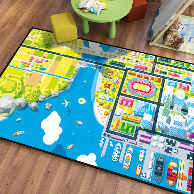BowLift | Kids Island Pattern Rug Green and Blue Polyester Rug Washable Pet-Friendly Non-Slip Rug for the Children's Room