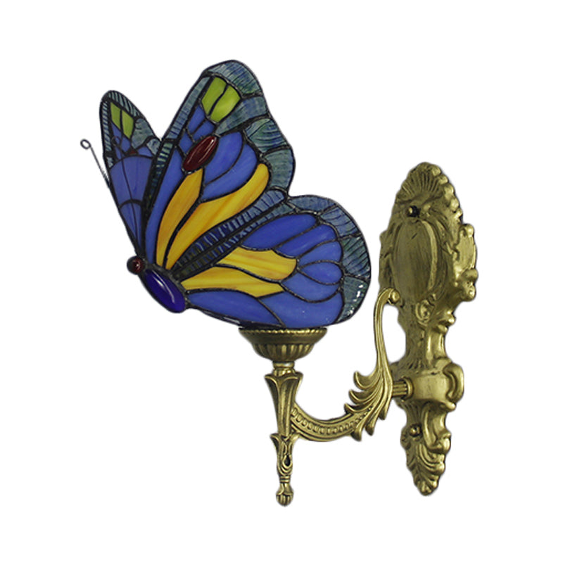 BowLift | Brass Finish Butterfly Wall Lighting Fixture Lodge Stained Glass 1-Bulb Wall Lighting in Red/Blue