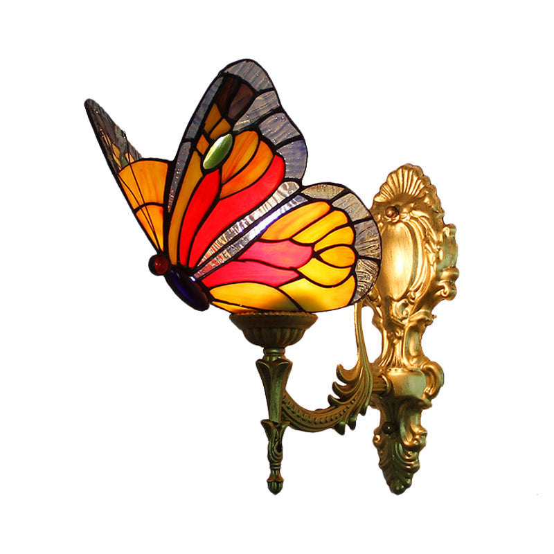 BowLift | Brass Finish Butterfly Wall Lighting Fixture Lodge Stained Glass 1-Bulb Wall Lighting in Red/Blue