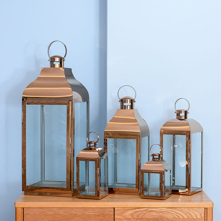 Glass-Paneled Metal Lantern Trio with Carry Rings Bowlift
