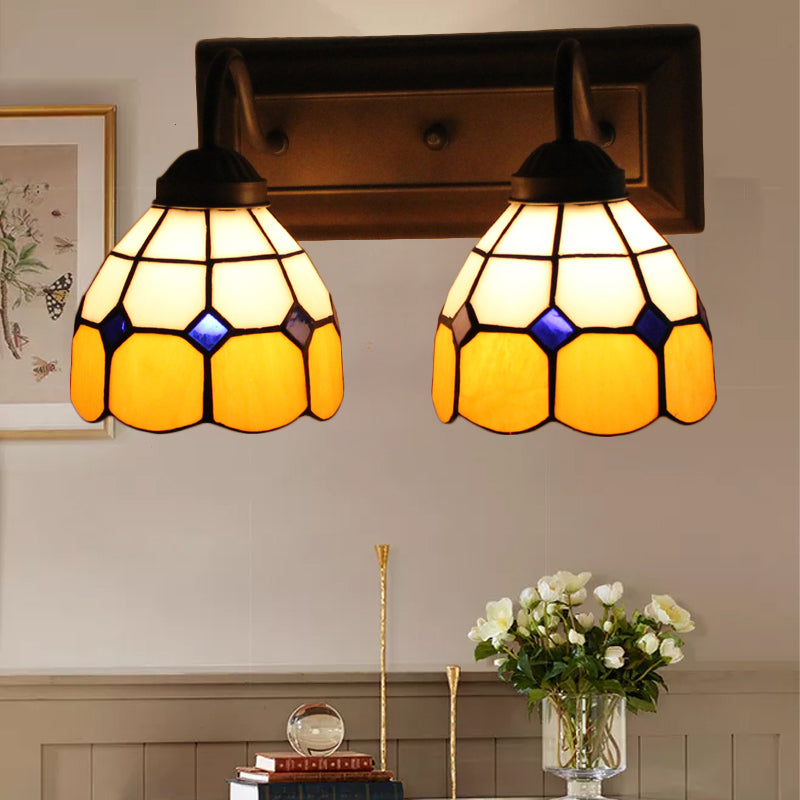 BowLift | Grid Pattern Amber Glass Wall Light Baroque 2 Heads Black Wall Lighting Fixtures