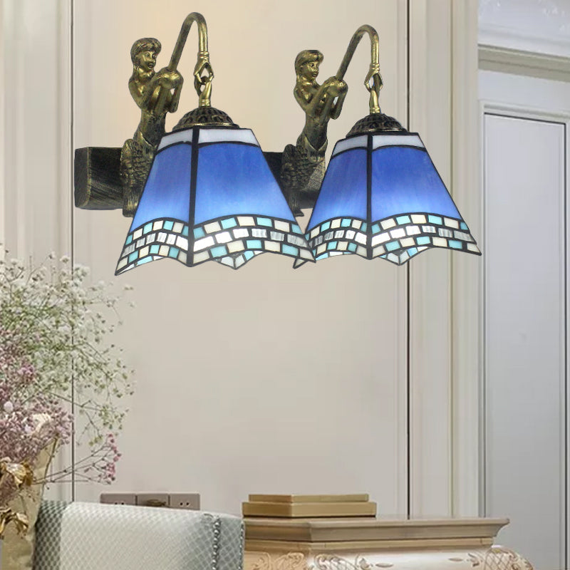 BowLift | 2 Heads Pyramid Wall Light Mediterranean Blue Glass Wall Lamp for Bedroom