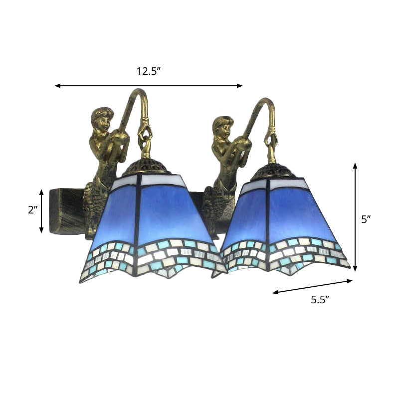 BowLift | 2 Heads Pyramid Wall Light Mediterranean Blue Glass Wall Lamp for Bedroom