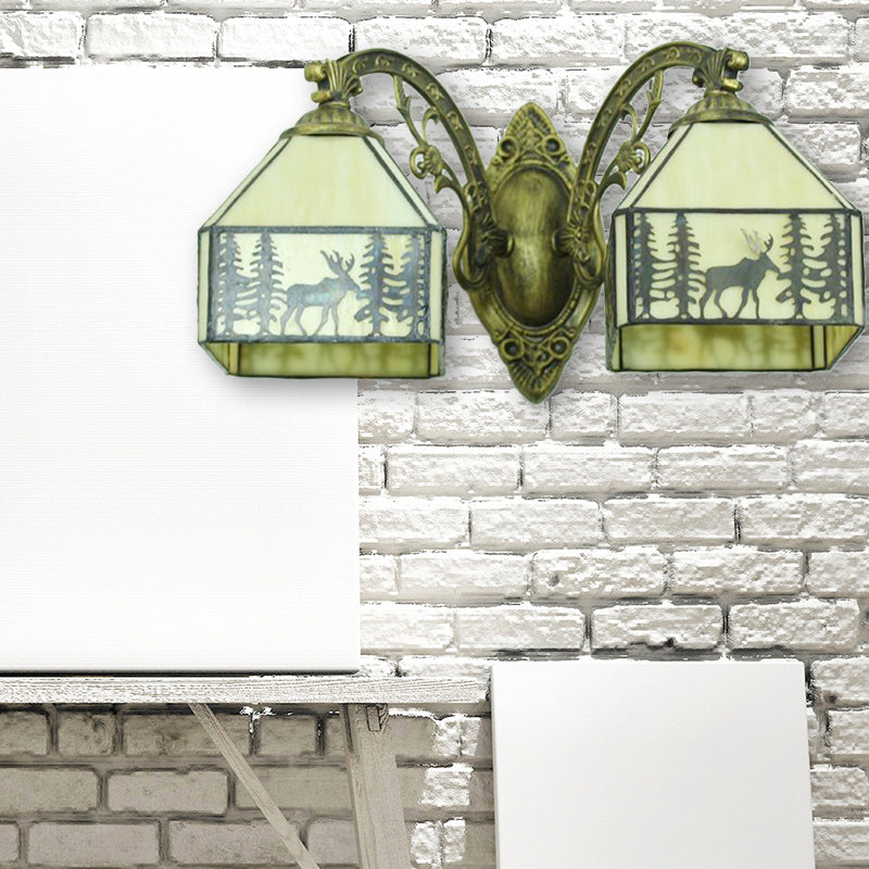 BowLift | 2 Heads Deer Wall Lamp with Carved Arm Lodge Stained Glass Wall Lighting in Beige for Hallway