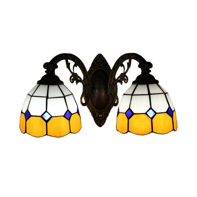 BowLift | Curved Arm Wall Mount Light with Amber Glass Bowl Shade 2 Heads Vintage Wall Light in Yellow