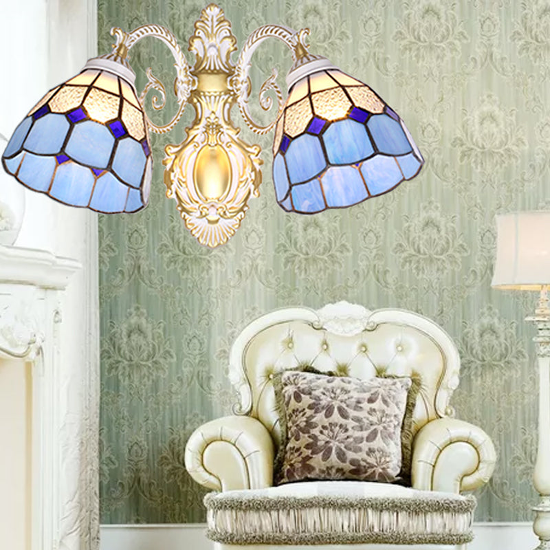 BowLift | Mediterranean Dome Wall Mount Light Blue Glass Shade 2 Heads Wall Lamp Lighting for Restaurant