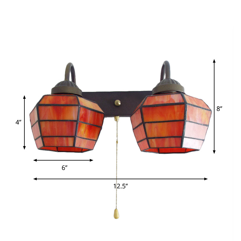 BowLift | Lantern Wall Light Fixture Tiffany Stained Glass 2 Heads Orange Wall Lamp with Pull Switch