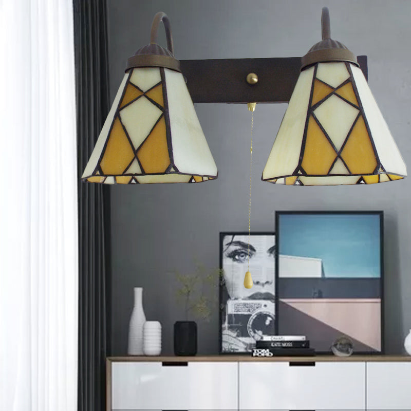 BowLift | Conical Stained Glass Wall Light Fixture Tiffany 2 Heads Blue/Orange Wall Lamp with Pull Chain